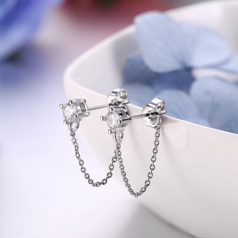 YADOCA 4 Pairs Chain Earrings for Women CZ Ball Bar Huggie Hoop Piercing Dangle Chain Stud Earring Set Silver - Image 4